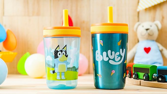Zak Designs Bluey Kelso Tumbler Set, 15 fl.oz. Leak-Proof Screw-On Lid with Straw, Bundle for Kids Includes Plastic and Stainless Steel Cups with Bonus Sipper, 3pc Set, Non-BPA
