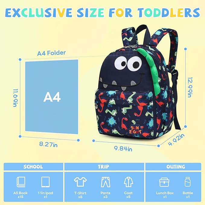 SUN EIGHT Preschool Toddler Kids Backpack Small 3D Cartoon Dinosaur Lunch Daycare School Bookbag Animal Travel Bags for Boy For 2-5 Years old（Cute Dinosaur）