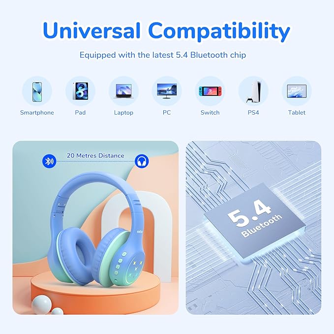 EarFun K4 Kids Bluetooth Headphones, Wireless Headphones with LED Lights, 74/85/94dBA Volume Limited, Built-in Mic, 90H Playtime, Bluetooth 5.4 Over Ear Headphone for iPad/Tablet/PC/School (Green)