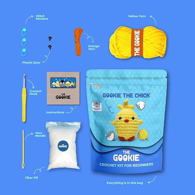 THE GOOKIE Amigurumi Crochet Kit for Beginners – DIY Crochet Kit with Yarn, Hook, Eyes & Stuffing – Easy Starter Set with Video Tutorials – Cute Plush Toy Craft Gift for Kids, Teens & Adults (Chick)