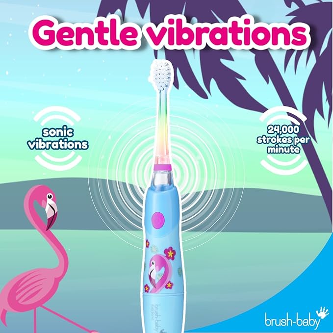 Brush‑Baby - KidzSonic Flamingo Kids Electric Toothbrush for Ages 3+ with Disco LED Lights, Gentle Sonic Vibrations, 2-Minute Smart Timer & 30‑Second Pulse Reminders – AAA Battery Included