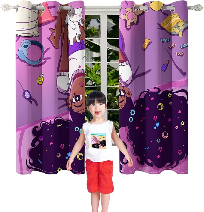 Black Girl Blackout Curtains 2 Panels 63" Inch Drapes for Kids Nursery Bedroom Purple Girls Blackout Curtains Cute Girls Themed Grommet Top Thermal Insulated Curtains for Nursery, 82" x 63"