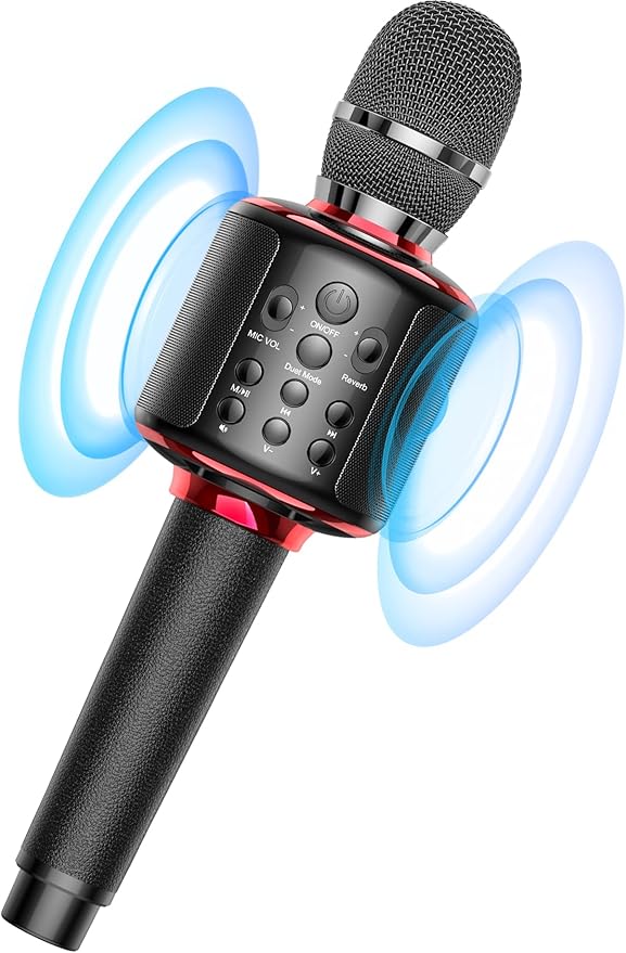 Wireless Bluetooth Karaoke Microphone, Built-in Loud Speaker for 10H Playback, Add Reverb/Duet Mode/Earbuds Monitoring, Portable Karaoke Machine for Entertainment & Singing Practice (Black&Red)