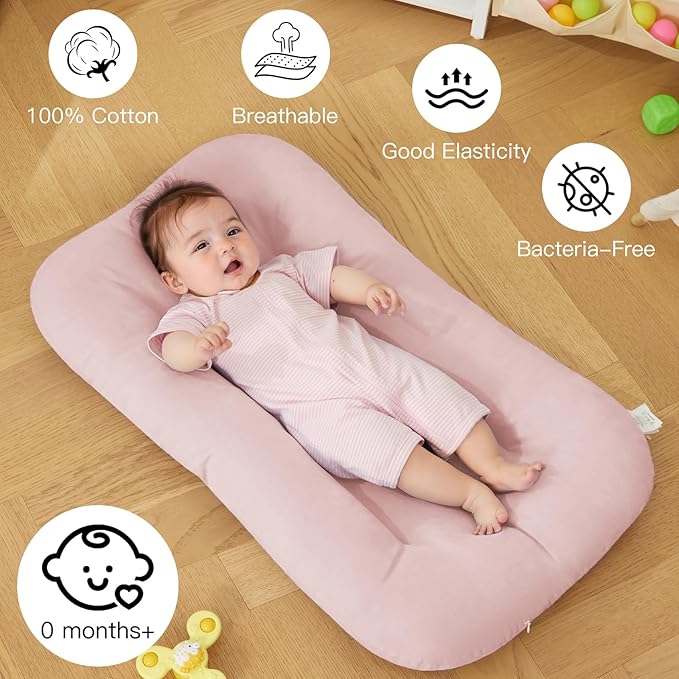 Baby Lounger for Newborn, Bionic Design Baby Lounger, Soft Organic Cotton Breathable Lounger for Infants 0-18 Months (Pink)
