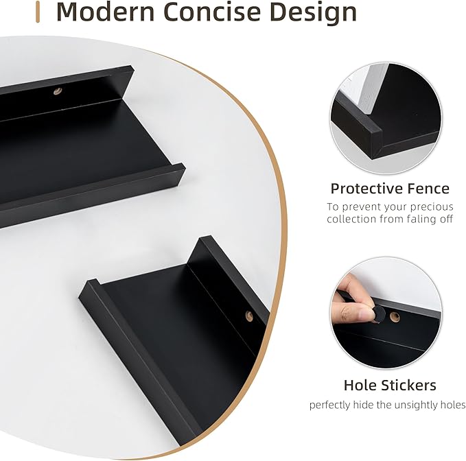 Picture Ledge Shelf, Wood Long Floating Shelves for Wall, Set of 2, 56 inch Picture Ledge Shelves, Photo Ledge Nursery Book Shelves Wall Mounted for Living Room Kids' Room Bedroom, Color Black