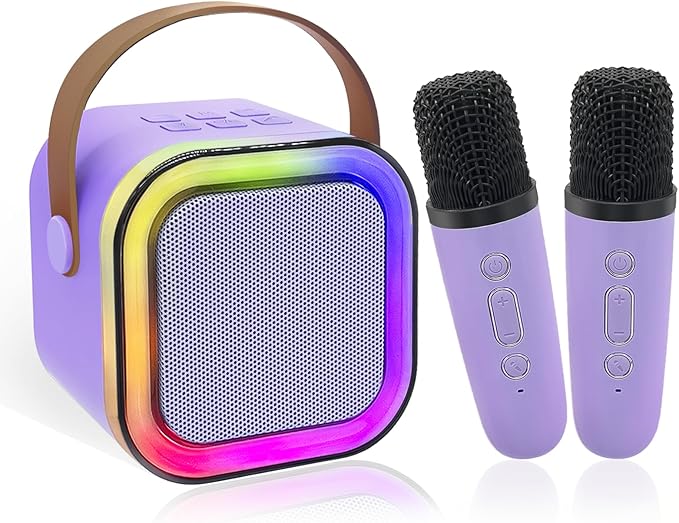Mini Karaoke Machine for Kids, Birthday Easter Gifts Toys for Girls Boys Ages 3-12+, Portable Bluetooth Speaker with Upgraded 2 Wireless Microphones, Toddler Toys for Singing Home Party Family, Purple