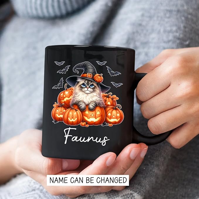 Personalized Ragdoll with Pumpkins Mug Gift for Halloween, Customized Name Ragdoll Witch Hat Coffee Cup, Unique Cat Breeds Ceramic Mug, Cat Dad Mom Halloween Cup, Black Tea Cups 11oz 15oz
