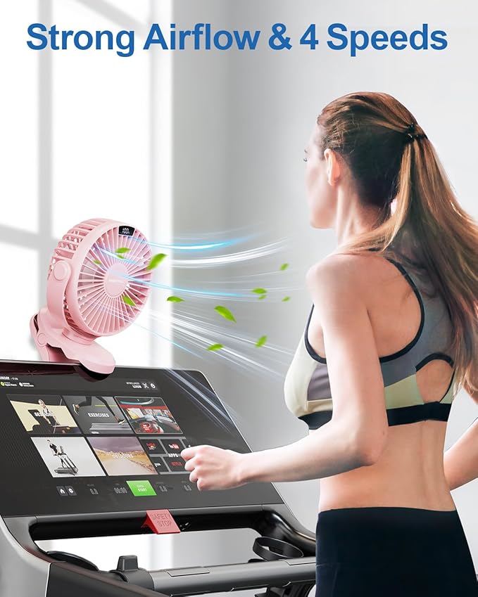 SWEETFULL Portable Clip on Fan - Battery Operated Rechargeable Fan with LED Display, 4 Speeds, Mini Personal Cooling Desk Fan for Golf Cart Travel Camping Gym - White