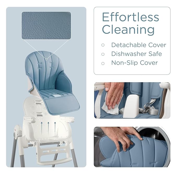 KÜB 3-in-1 Foldable Baby High Chair, 7 Height & 4 Recline Adjustable Seat & Tray for Easy Clean, 2 Locking Wheels, Multifunctional Infant High Chairs for Babies and Toddlers (Blue, with Toys)