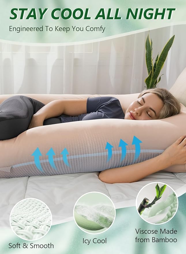 Meiz Pregnancy Pillows, Pregnancy Pillows for Sleeping Cooling, U Shaped Full Body Pillow for Adult, Rayon Cover from Bamboo, Light Apricot