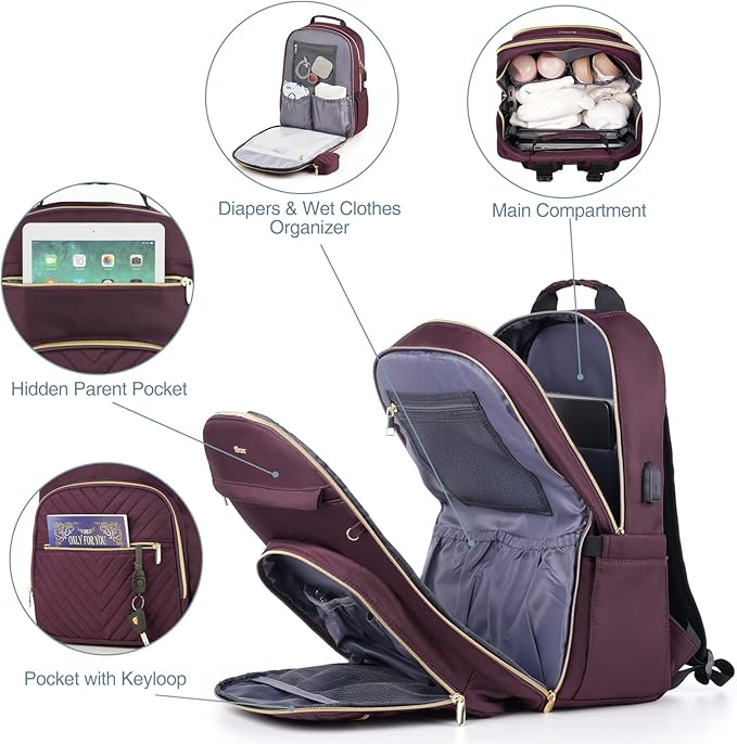 MOMUVO Diaper Bag Backpack, Quilted Baby Bag with Changing Pad & Stroller Straps & Pacifier Case, Large Travel Diaper Bags for Mom Dad, Dark Purple