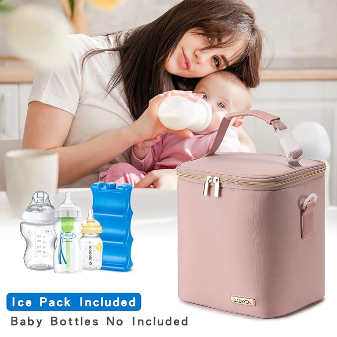 Breast Milk Cooler Bag with Ice Pack Fits 6 Baby Bottles Up to 9 Ounce, Baby Bottle Bag with Shoulder Strap for Nursing Mom Daycare, Pink