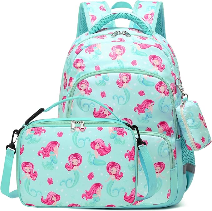 mygreen 3PCS Kids Backpack Set - Waterproof Bookbag with Lunch Box for Girls Ages 3-12, Adorable Cartoon Prints for School & Outdoor Use Green Mermaid