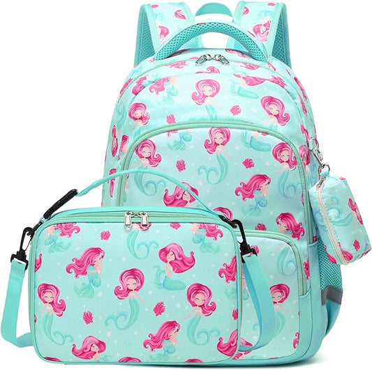 mygreen 3PCS Kids Backpack Set - Waterproof Bookbag with Lunch Box for Girls Ages 3-12, Adorable Cartoon Prints for School & Outdoor Use Green Mermaid