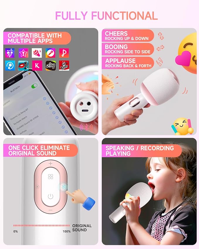 Wireless Bluetooth karaoke Microphone, 5-in-1 Portable Handheld Microphone for iPhone, Karaoke Microfono with Dynamic Lights for Car / Home Party, Music Record, Duet Singing Mic for Kids Adults-White