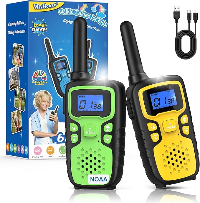 Wishouse Walkie Talkies for Kids Rechargeable Long Range,Xmas Birthday Gift for 4 5 6 7 8 9 Year Old Boy Girl,Hiking Gear Camping Games Cool Toys with NOAA,SOS Siren,Lamp,Lanyards,2 Pack Yellow Green