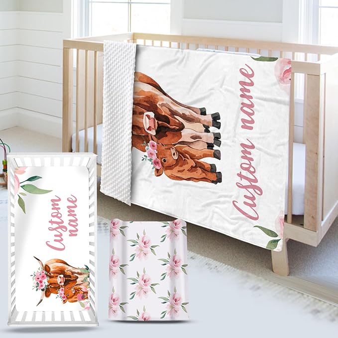 Custom Name Crib Bedding Set - Highland Cow Theme, Personalized Pink Flower Nursery Bedding 3-Piece Set– Soft Blanket, Fitted Sheet, Changing Pad Cover – for Newborns Girls Nursery Gifts