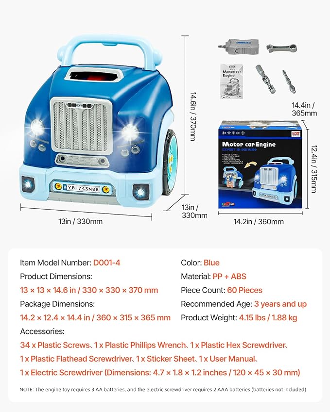 VEVOR Engine Toy, 60 Pieces, Kids Mechanic Car Repair Set with Removable Parts, Lights and Sounds, Steering Wheel and Horn, Kids Mechanic Workshop Set for Toddler Ages 3 Years and Up, Blue