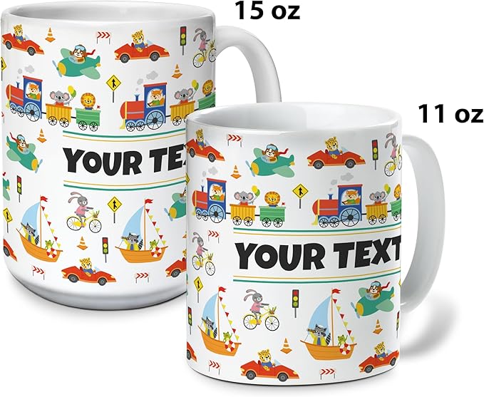 Personalized Mug for Kids - Vehicles - Custom Name/Text, Ceramic Hot Chocolate/Cocoa/Coffee Cup for Boys, Birthday/Christmas/Holiday Gift - 11 oz, White Handle