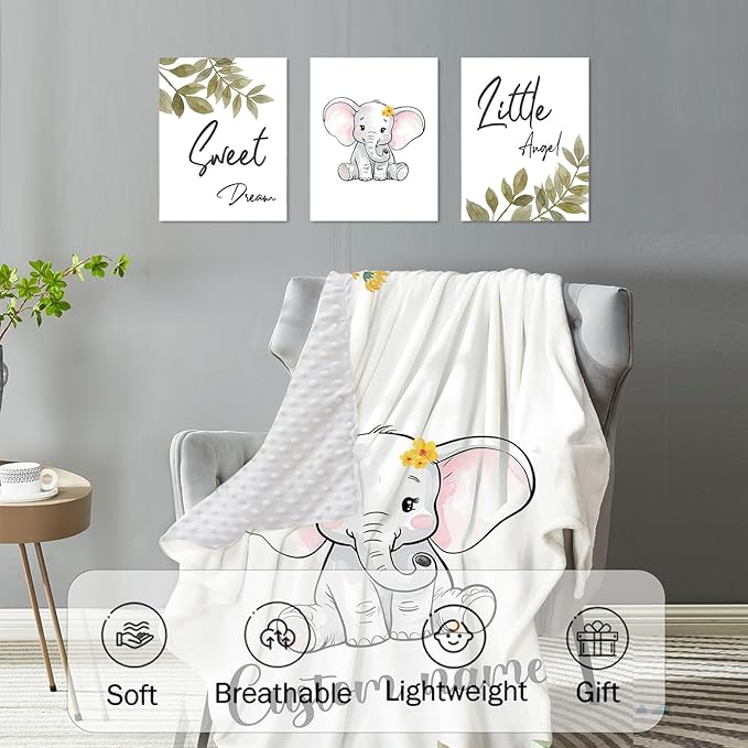 Personalized Nursery Crib Bedding Set: Yellow Floral Custom Name 5 Piece Baby Crib Sets with Elephant Theme - Toddler Double Layer Blanket Set, Comfortable Crib Bed Sheets for Baby Grils