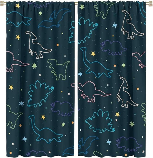 Cartoon Colorful Dinosaur Curtains for Kids Boys Girls Home Decor, Astronaut Funny Outer Space Star Blackout Rod Pocket Window Drapes for Bedroom Living Room W31.5xL72in 2 Panels