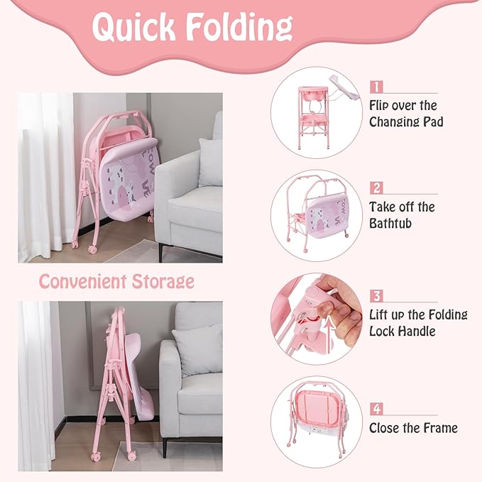 BABY JOY Baby Bathtub with Changing Table, Foldable Infant Diaper Changing Station with Storage Tray, Waterproof Pad, Portable Newborn Nursery Organizer Bath Stand with 4 Universal Wheels (Pink)