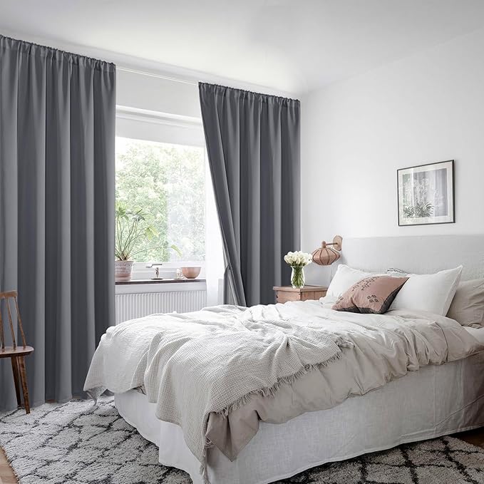 XWZO 100% Blackout Window Curtains - Thermal Insulated & Noise Reduction Black Liner Rod Pocket Window Treatment Sewn with Tiebacks for Bedroom/Living Room, Dark Grey, W42 x L72, Set of 2