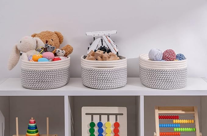 Shelf Storage Baskets for Organizing|Decorative Basket for Closet Storage|Toy Baskets&Bins|Small Woven Rope Baskets-13x8.66x5.11’’,Durable&Stylish,Oval 3 Packs Off White&Mixed Gray
