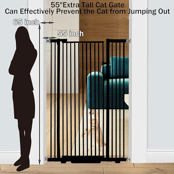 55.1 Inch Tall Baby Gate Auto Close Dog Gate Adjustable 29.92" - 43" Wide Pressure Mounted Walk Through Swing Pet Gate for Doorways (Black, 29.92" - 43")