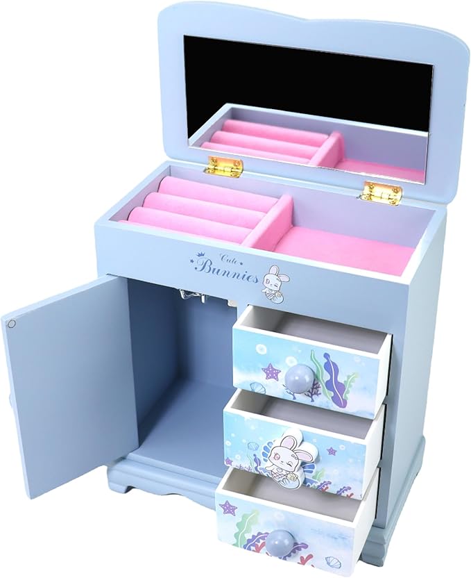 Children jewelry box for girls blue Cute bunny girls jewelry box Little girl birthday christmas Gift kids jewelry box