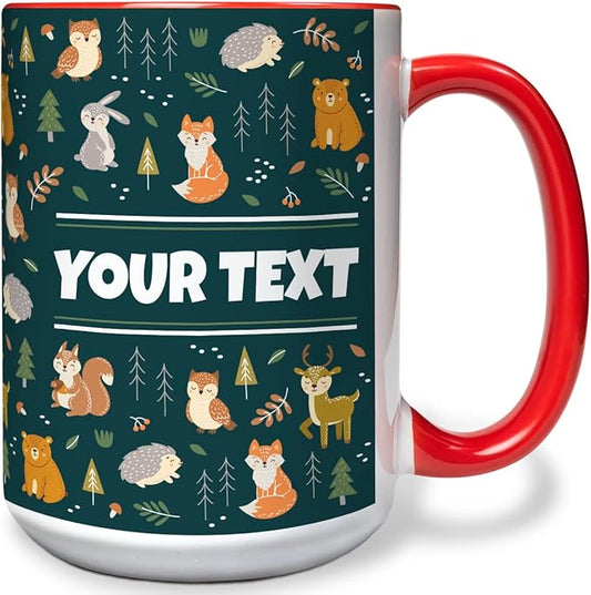 Personalized Mug for Kids - Woodland Animals - Custom Name/Text, Ceramic Hot Chocolate/Cocoa/Coffee Cup for Boys/Girls, Birthday/Christmas/Holiday Gift - 15 oz, Red Handle