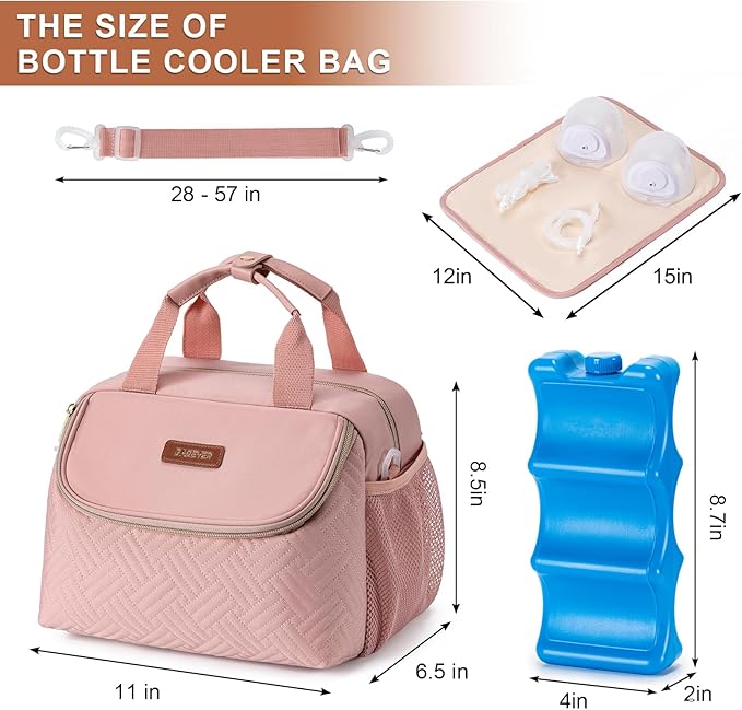 Breastmilk Cooler Bag with Ice Pack Fits 6 Baby Bottles up to 9 Ounce, Wearable Breast Pumps Cooler Bag for Nursing Mom Daycare, Work, Travel- Pink