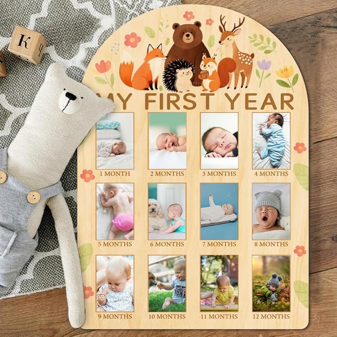 ORIGACH My First Year Baby Growth Photo Display Wood Board - 12 Months Newborn Milestones Photo Board - Neutral Baby Keepsake Frame 1st Birthday Party Nursery Decor New Mom Gift - Forest Animals