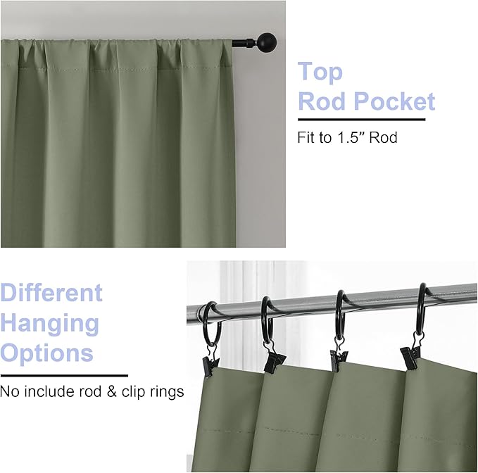 Simplebrand Ava Sage Green Blackout Curtains for Bedroom 90 Inches Long 2 Panels Set, Solid Privacy Energy Saving Living Room Window Treatment Curtains Blackout Drapes, W40 x L90 Inch, Sage Green