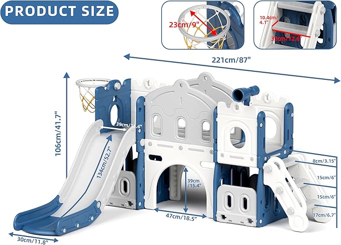 XJD 7 in 1 Toddler Slide Set, Kids Slide for Toddlers Age 1+, Toddler Climber Slide PlaySet with Basketball Hoop and Ball,Outdoor Indoor Playground for Toddlers 1-3 (Blue)