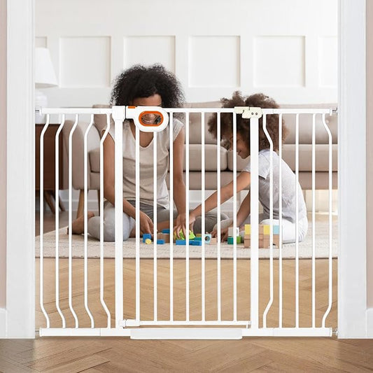 owlie 37.4" Extra Tall Wide Baby Gate for Stairs Doorways,29-52 Inch Extra Large Long Baby Gate with Door Indoor Safety Metal Pressure Mounted Pet Gate with Walk-Thru Auto Close, White