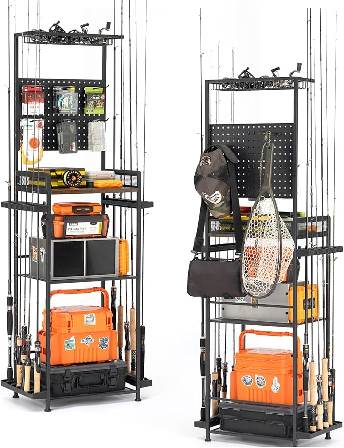 SOYEEZE Fishing Rod Holders for Garage,Fishing Gear Holder for Fishing Rod Tackle Box Storage，Fishing Pole Holders for 12 Rods with Hooks and Pegboard,Fishing Cart with Reel Rack