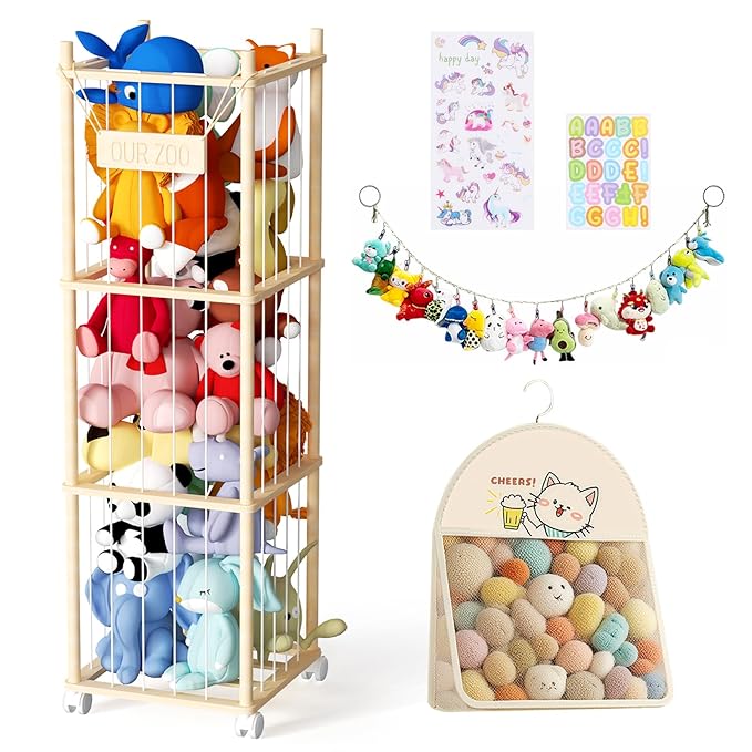 Stuffed Animal Toy Storage, 53 Inch Tall Wooden Toy Storage Rack Space-Saving Plushie Toy Organizers and Storage on Playhouse,Playroom,Bedroom -No Tools Easy Assembly