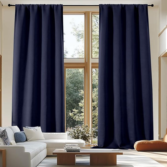 Simplebrand Ava Navy Blue Blackout Extra Long 10ft Curtains for Patio 120 Inches Long 2 Panels Set, Solid Thermal Insulated Energy Saving Rod Pocket Window Treatment Curtains Blackout Drapes, 50Wx120L