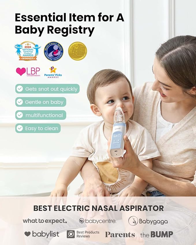 GROWNSY Nasal Aspirator for Baby, Electric Nose Aspirator for Toddler, Baby Nose Sucker, Automatic Nose Cleaner with 3 Silicone Tips, Adjustable Suction Level, Music and Light Soothing Function, Blue