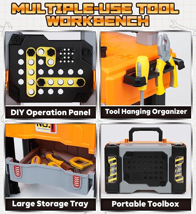 Lehoo Castle Kids Tool Bench with Electric Drill and Construction Vehicles, 2-in-1 Workbench and Toolbox for Toddlers, STEM Learning Toys for Age 3-5, Birthday Gift for Boys & Girls