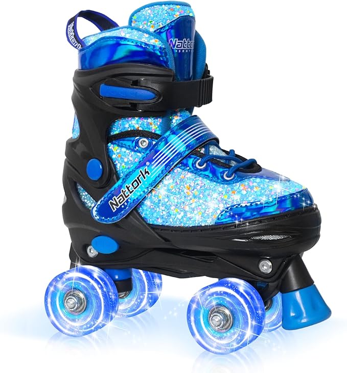Nattork Kids Roller Skates for Girls Kids, 4 Sizes Adjustable Girls Roller Skates for Ages 3-12 with Light up Wheels & Safety Protection - Cool Birthday Gift for Indoor Outdoor Sports