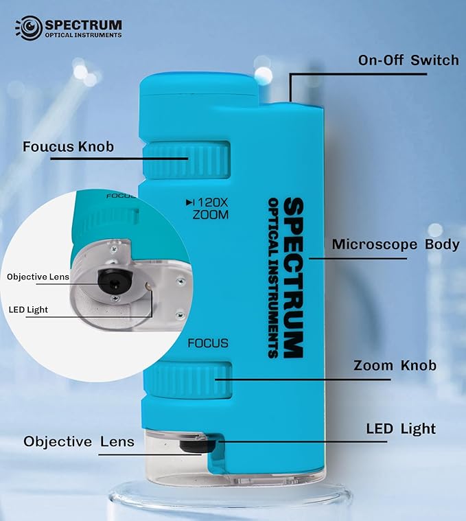 Mini Microscope for Kids, 60X-120X Portable Handheld Microscope with 8 Slide Samples, Blue