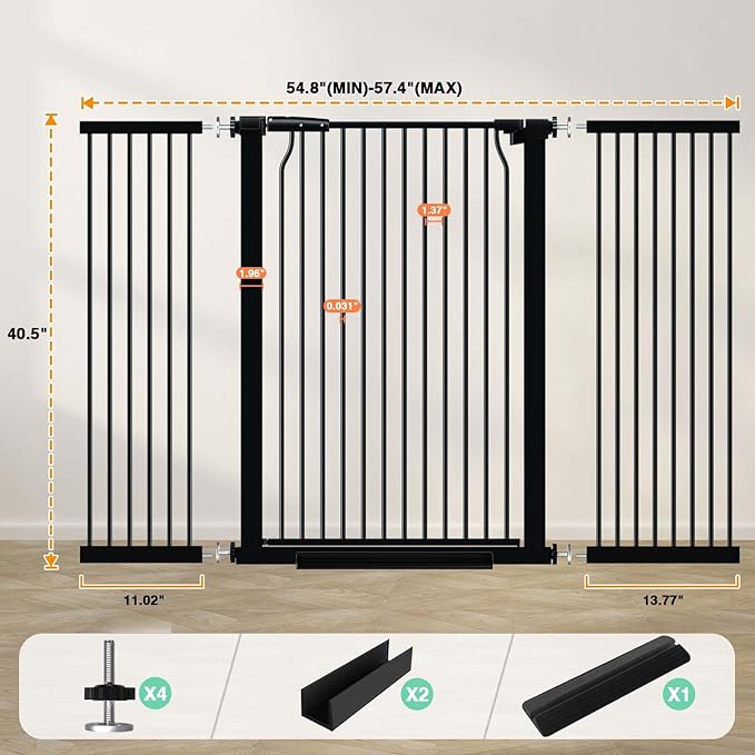 40.5" Extra Tall Baby Gate for Doorways, 54.8"-57.4" Extra Wide Pet Gate Pressure Mounted, Narrow Space Puppy Barrier Gates Indoor, No Drill Metal Safety Child Gate No Climb, Black