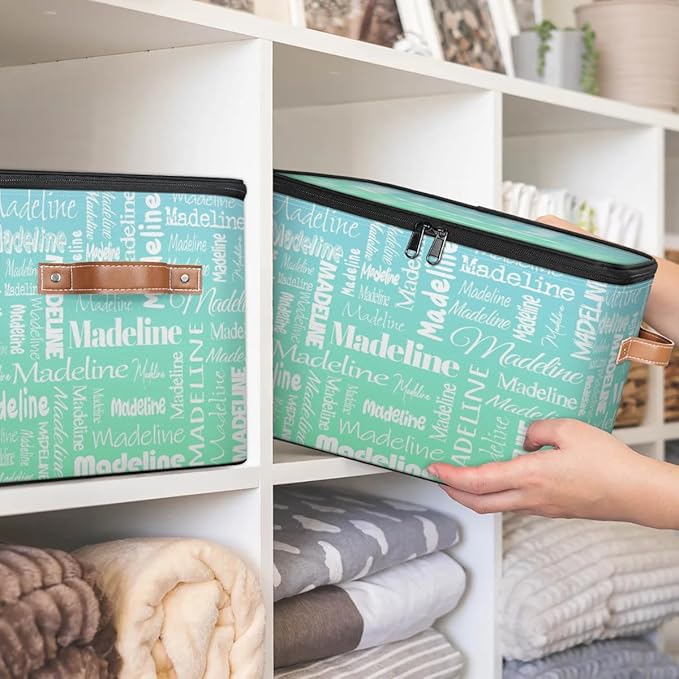 Custom Storage Basket with Name, Personalized Storage Bins with Zipper Lid, Foldable Fabric Storage Box Large capacity with Handle Bright Green Blue