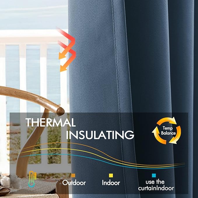 ANRODUO Back Tab Blackout Curtains for Bedroom Living Room, Rod Pocket Pinch Pleated Thermal Insulated Room Darkening Curtains 63 Inches Long 2 Panels, Stone Blue, 42 x 63 Inch