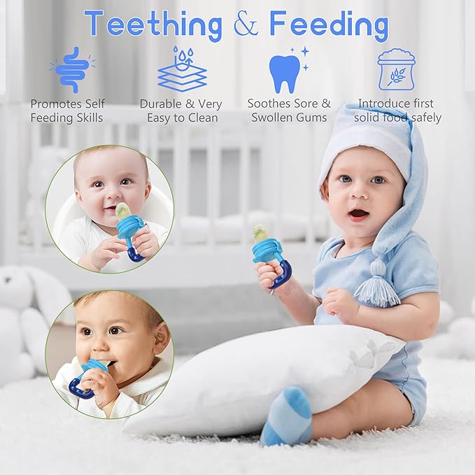 WAJIAYON Baby Fruit Feeder Pacifier - 6 Pack | 2 Infant Food Pacifier & 2 Baby Food Dispensing Spoon | Fresh Fruit Teethers for Babies | Silicone Feeder Babies,Infant Teething Feeders (Blue)