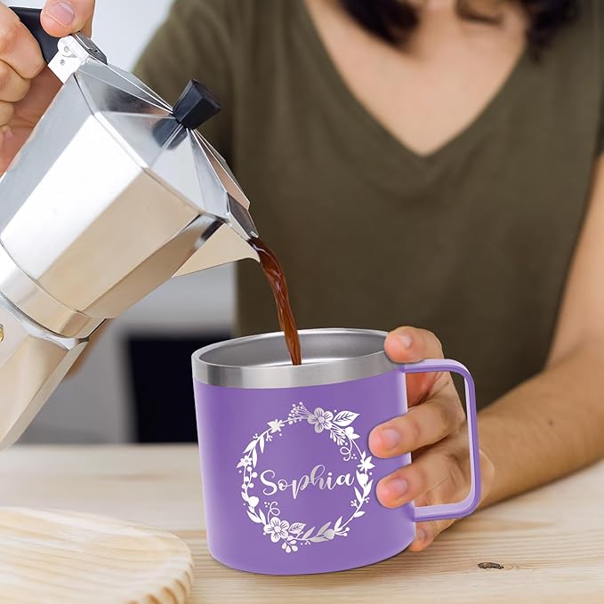Custom Insulated Coffee Tumbler, Personalized Travel Coffee Mug with Handle and Lid, 14oz Engraved Stainless Steel Coffee Mug, Personalized Gifts for Women Men and Friends