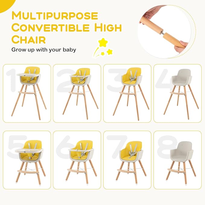 BABY JOY Convertible Baby High Chair, 3 in 1 Wooden Highchair/Booster/Chair with Removable Tray, Adjustable Legs, 5-Point Harness, PU Cushion and Footrest for Baby, Infants, Toddlers (Yellow)