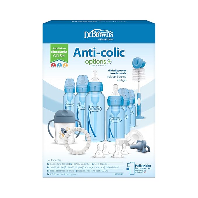 Dr. Brown's Natural Flow Anti-Colic Options+ Special Edition Blue Baby Bottle Gift Set with Soft Sippy Spout Transition Cup, Flexees Teether, Bottle Cleaning Brush and Travel Caps